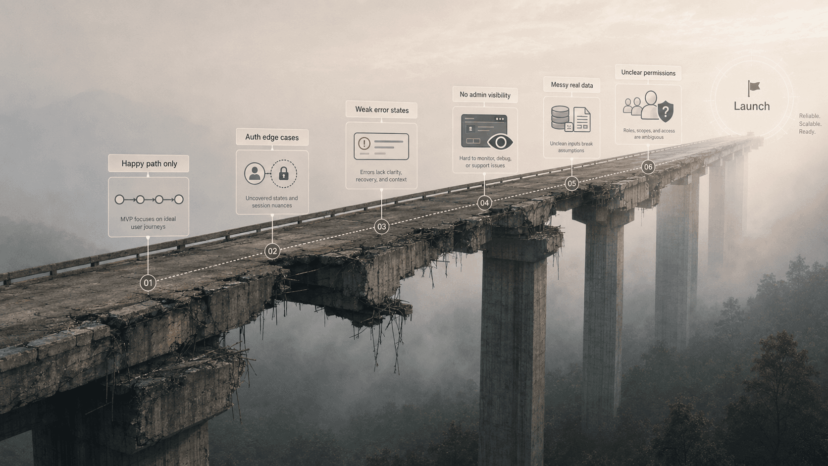 A branded technical blog card for Why Most MVPs Fail Before Launch.